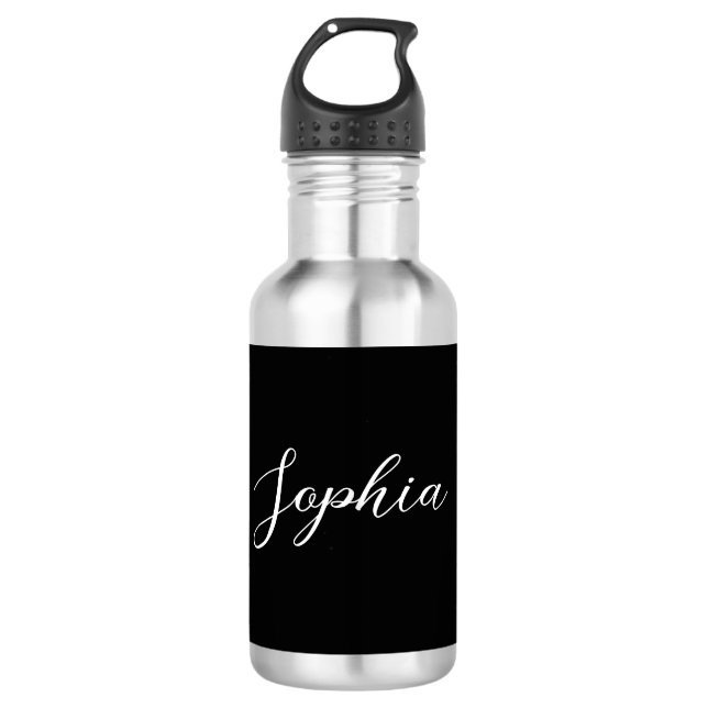 Botella De Agua Nombre personalizado Script Boda negro agua (Anverso)