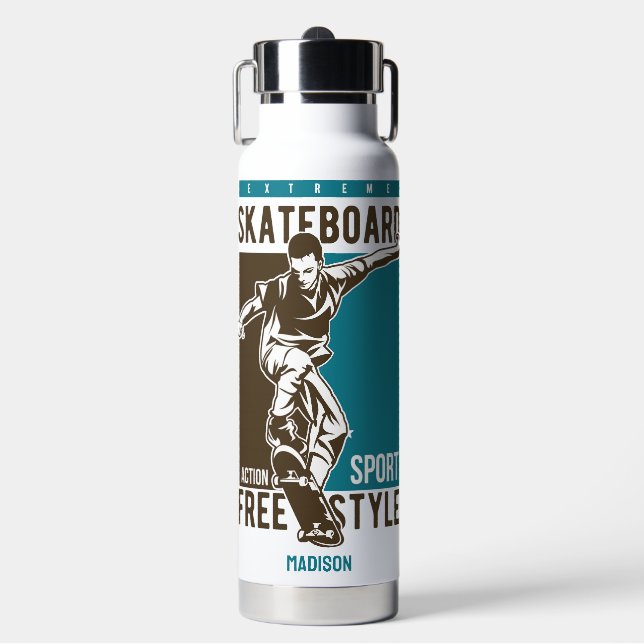 Botella De Agua Nombre personalizado Skateboarding (Frente)