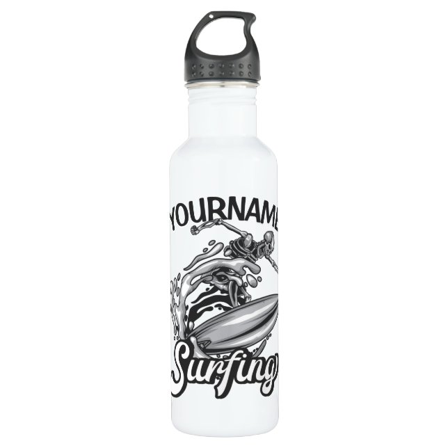 Botella De Agua NOMBRE Personalizado Surfista Big Wave Skeleton Su (Anverso)