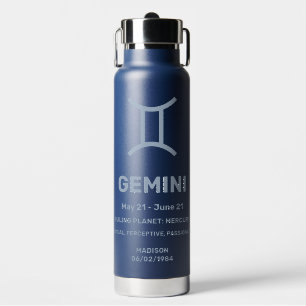 Botella De Agua Nombre personalizado / Texto Rótulo zodiaco Gemini