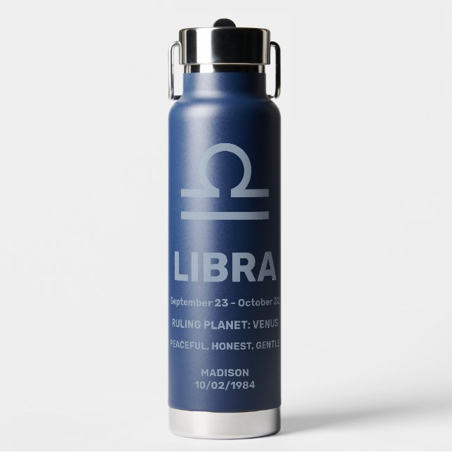 Botella De Agua Nombre personalizado / Texto Zodiac Rótulo Libra (Frente)