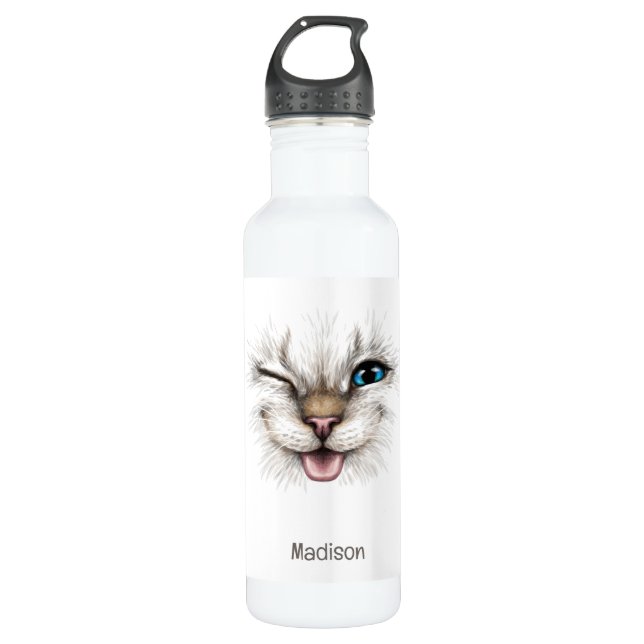 Botella De Agua Nombre personalizado Winking Cat (Anverso)