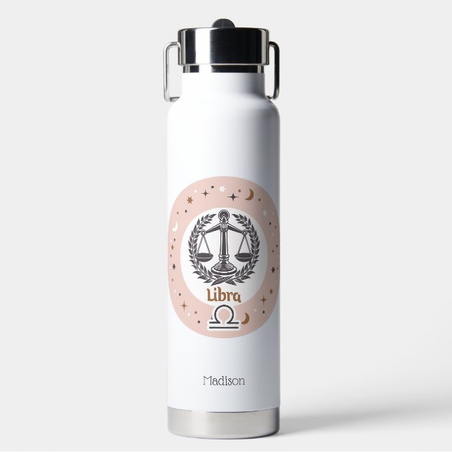Botella De Agua Nombre personalizado Zodiac Rótulo Libra (Frente)
