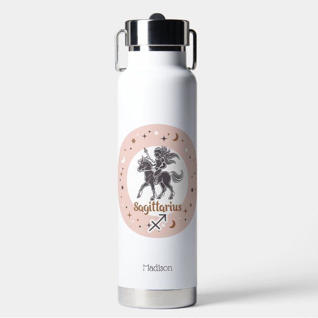 Botella De Agua Nombre personalizado Zodiac Rótulo Sagittarius (Frente)