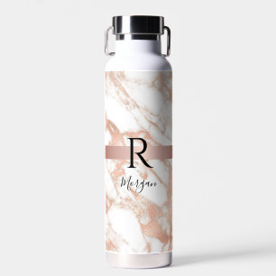 Botella De Agua Nombre y monograma en bloque, mármol blanco y rosa