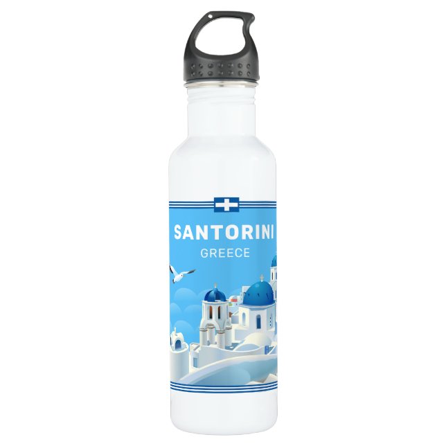 Botella De Agua Nombre y texto personalizados Santorini Grecia (Anverso)