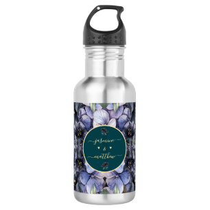 Botella De Agua Nombres de Parejas Clásicas con Floral Negro Malhu