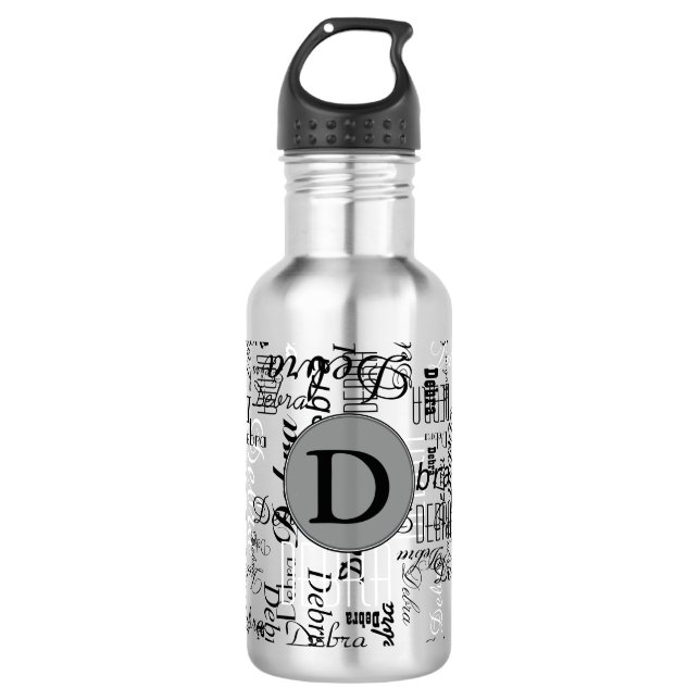 Botella De Agua nombres en blanco y negro monograma personalizado (Anverso)