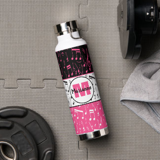 Botella De Agua Notas de música en blanco y rosa negro
