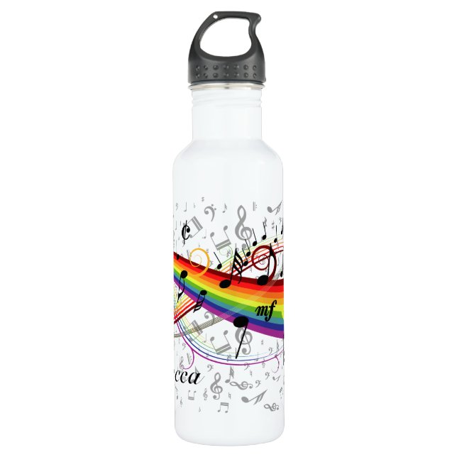 Botella De Agua Notas musicales negras del arco iris sobre gris (Anverso)