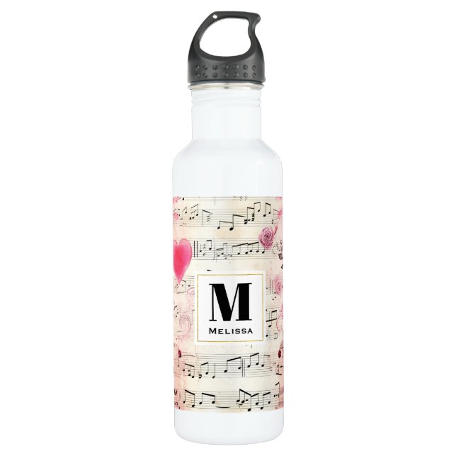 Botella De Agua Notas musicales y Rosas Monograma de diseño de cos (Anverso)