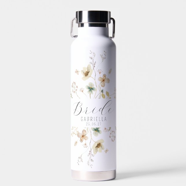 Botella De Agua Novia Personalizada Flor Silvestre Acuarela (Delantero)