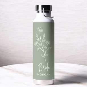 Botella De Agua Novia Verde Salvia Nombre Manuscrito Floral