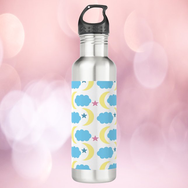 Botella De Agua Nubes lunares Estrellas Patrón azul amarillo (A cute water bottle with a moon, cloud and star pattern in yellow, pink and blue)
