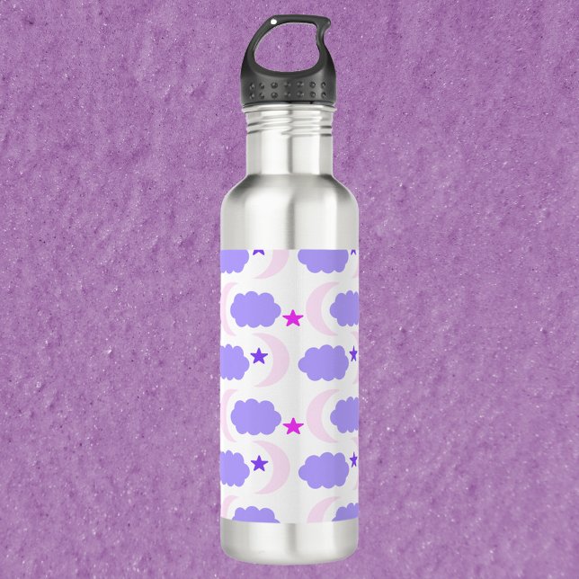 Botella De Agua Nubes y estrellas lunares patrón rosa morado oscur (A water bottle with a pattern of moons, clouds and stars in pink and purple.)
