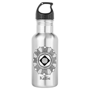 Botella De Agua NUEVO Mandala en blanco y negro con nombre