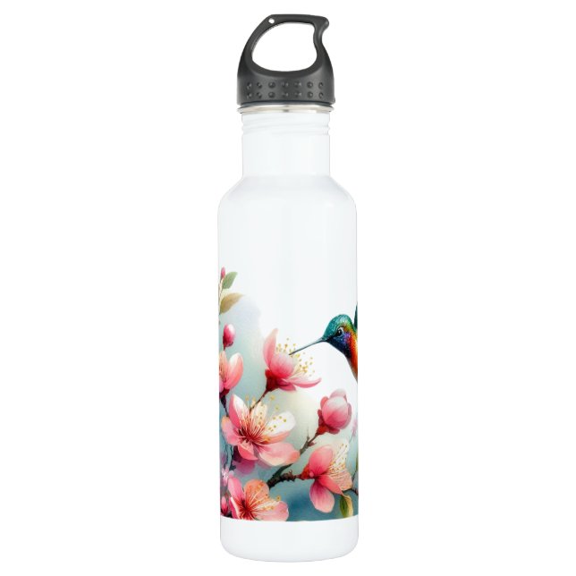 Botella De Agua Obra artística de colibrí floral/primavera (Anverso)