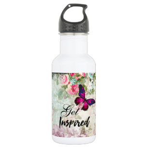 Botella De Agua Obtener citas inspiradas y mariposa rosa Shabby Co
