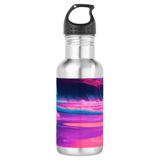 Botella De Agua Océano Rosa y Palmeras Arte Digital (Anverso)