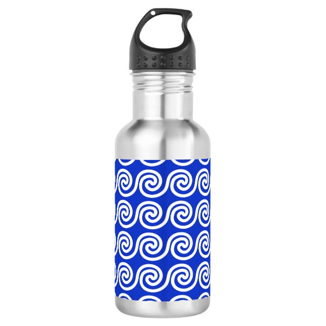 Botella De Agua Olas Patrón Llave Meandro Griego Azul (Anverso)