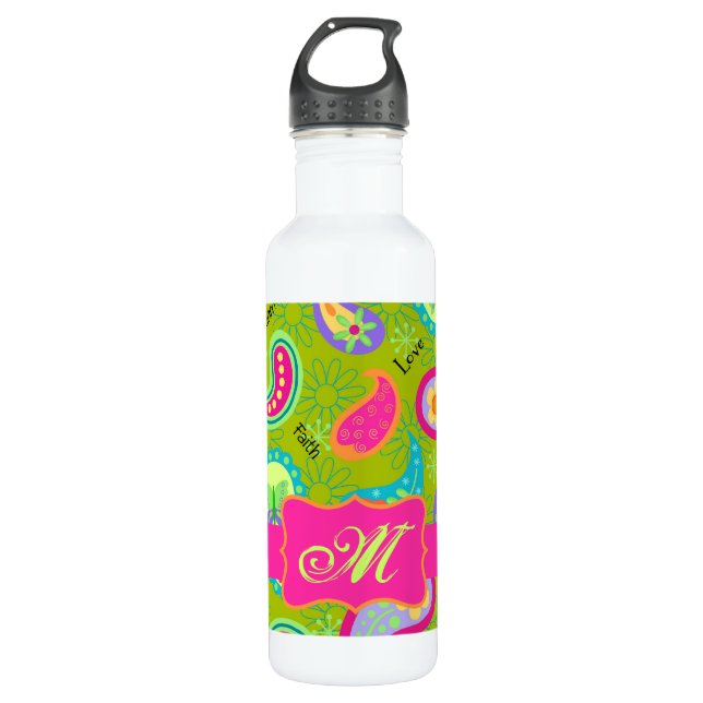 Botella De Agua Olive Green Fuchsia Pink Modern Paisley Monograma (Anverso)