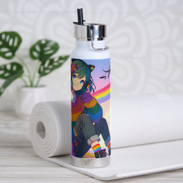 Botella De Agua Orgullo lésbico LGBTQIA+ Chica de anime personaliz