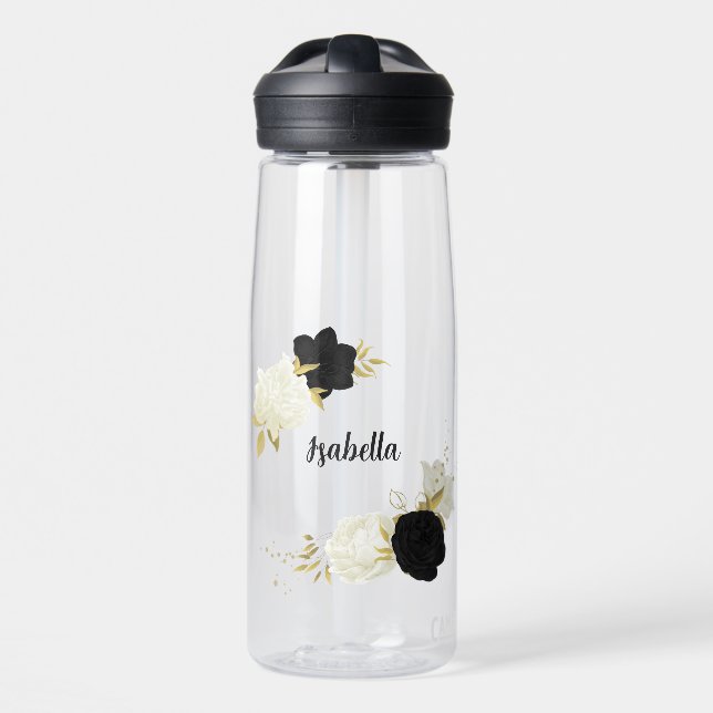Botella De Agua oro floral blanco y negro (Delante)