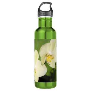 Botella De Agua Orquídeas blancas en un fondo verde