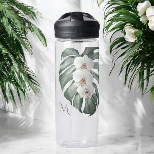 Botella De Agua Orquídeas blancas tropicales sobre Monstera con Mo