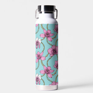 Botella De Agua orquídeas y cadenas, rosa y azul