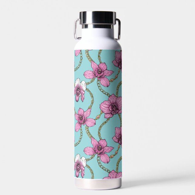 Botella De Agua orquídeas y cadenas, rosa y azul (Delantero)