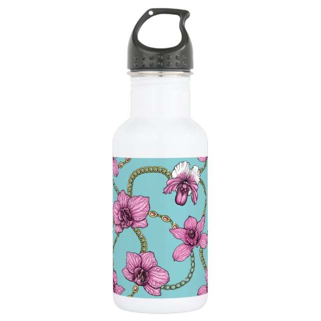 Botella De Agua orquídeas y cadenas, rosa y azul (Anverso)