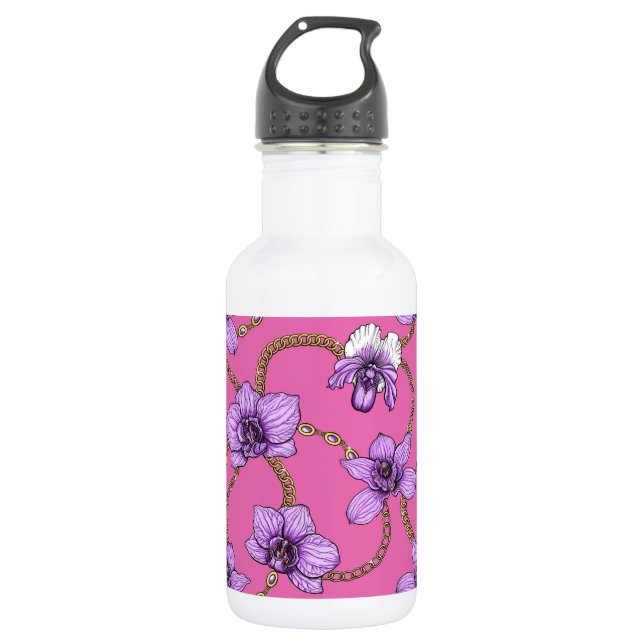 Botella De Agua orquídeas y cadenas, violetas y rosas (Anverso)