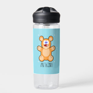 Botella De Agua Oso de peluche marrón lindo monograma sobre azul