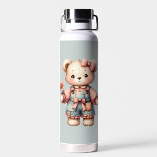 Botella De Agua Oso de peluche pastel sosteniendo una flor con ove