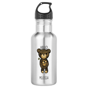 Botella De Agua Oso marrón lindo con un Personalizado de flor amar