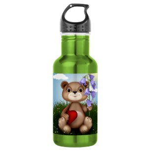 Botella De Agua Oso sosteniendo ramo de flores-30926