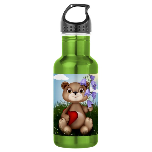 Botella De Agua Oso sosteniendo ramo de flores-30926 (Anverso)