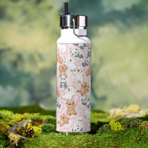 Botella De Agua Osos y pandas lindos en nubes rosadas sin costuras