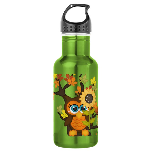 Botella De Agua Otoño, búho otoño con girasoles (Anverso)