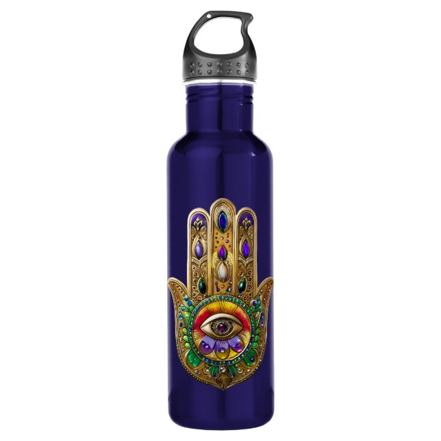 Botella De Agua Painted Gold Hamsa Amethyst Ruby Third Eye (Anverso)
