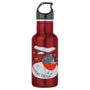 Botella De Agua Pájaro bullfinch de invierno y bayas rojas