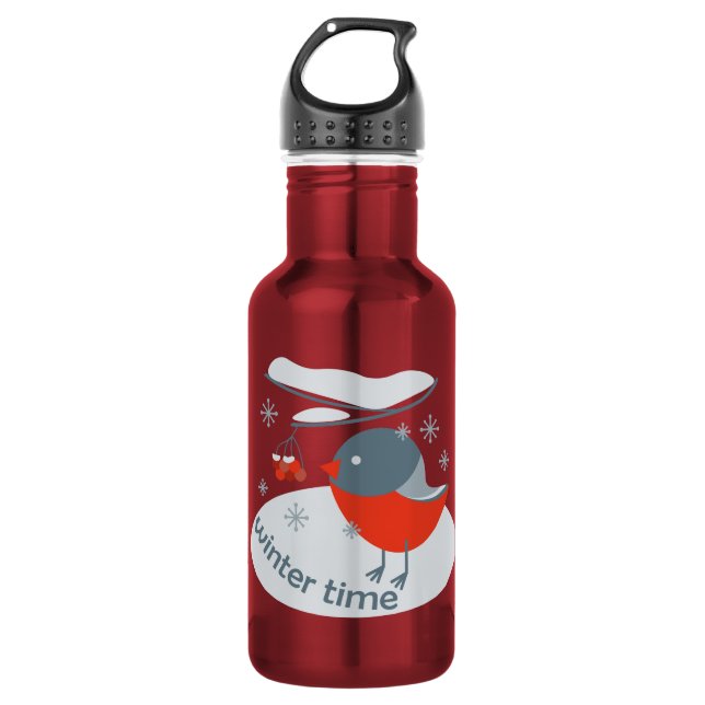 Botella De Agua Pájaro bullfinch de invierno y bayas rojas (Anverso)