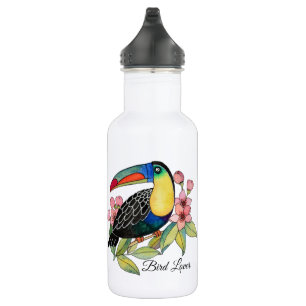 Botella De Agua Pájaro de Toucan de la acuarela con las flores