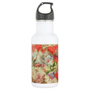 Botella De Agua Pájaros de Amor Vintage Antiguo Corazón