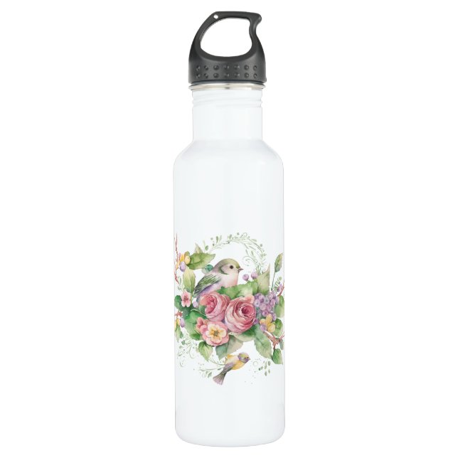 Botella De Agua Pájaros y acuarela de flores (Anverso)