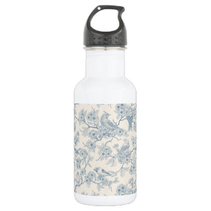 Botella De Agua Pájaros y flor de cerezo en azul y blanco desvaído