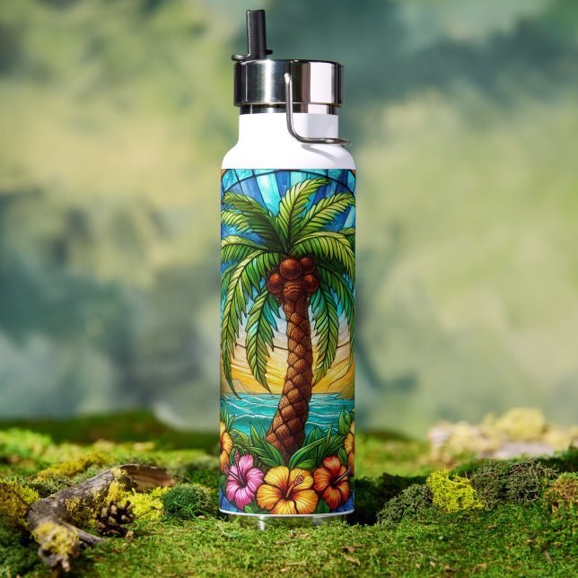 Botella De Agua Palm Tree con estilo de vidrio manchado e Hibiscus (Exterior)
