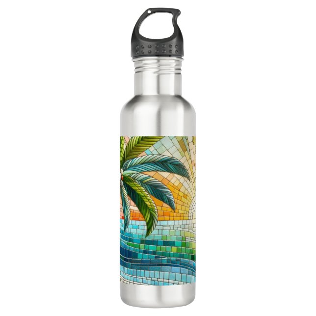 Botella De Agua Palm Tree Mosaic Tropical Beach Sunset (Anverso)