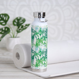 Botella de agua palmas tropicales